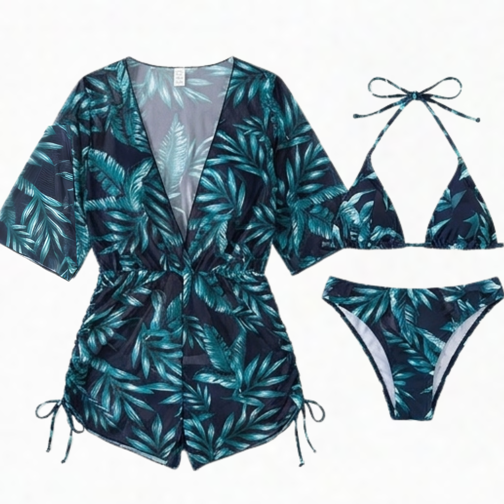 Lunavera™ – Tropical 3-Piece Swim Set with Kimono Cover