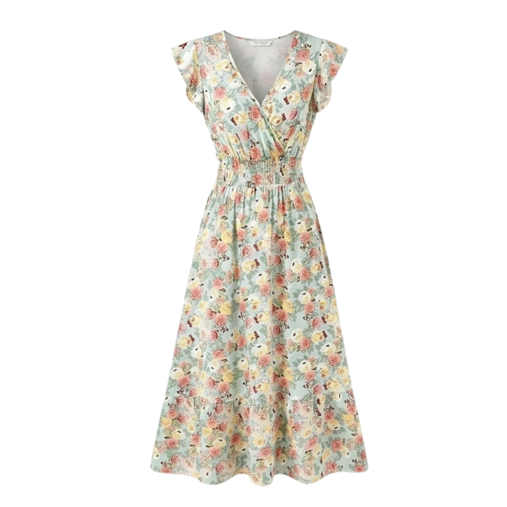 Florenza™ – Floral V-Neck Smocked Waist Midi Dress