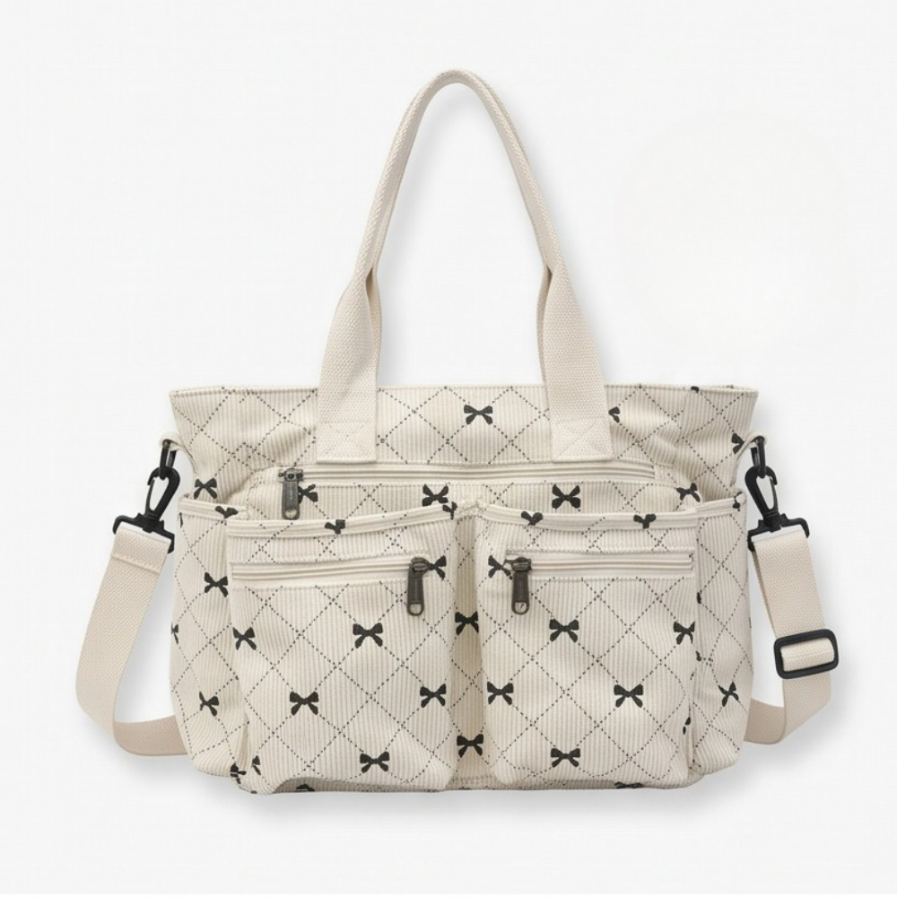 Bowette™ - Corduroy Bow-Print Tote with Laptop Pocket
