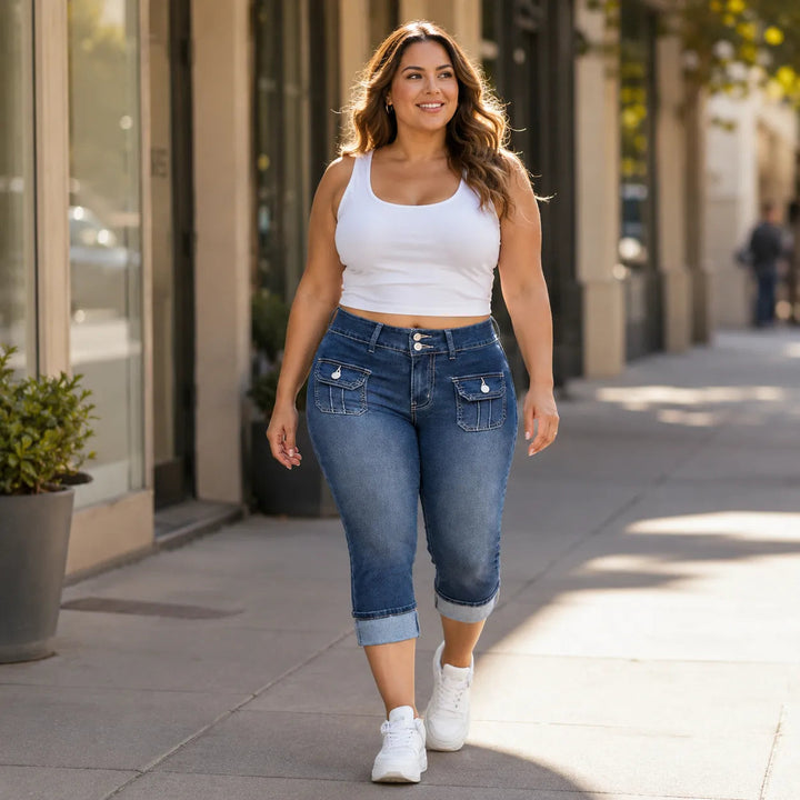 Curvella – Curvy Fit Stretch Denim Capri Jeans, Mid Rise Cuffed Hem