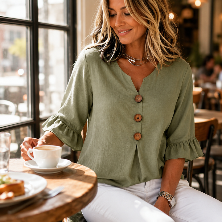 Laurelle™ – V-Neck Ruffle Sleeve Blouse with Wooden Buttons