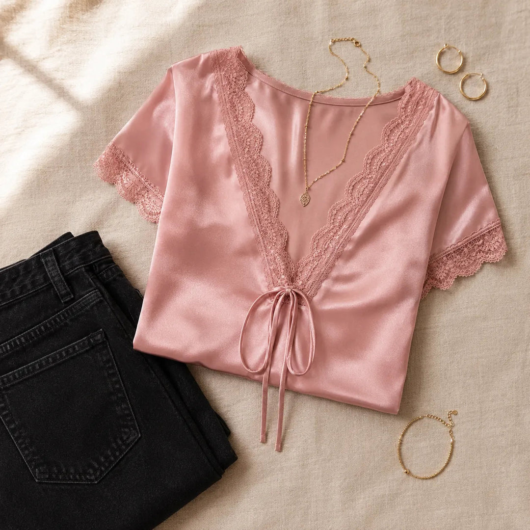 Lyselle – Satin Lace V-Neck Tie-Front Blouse for Women