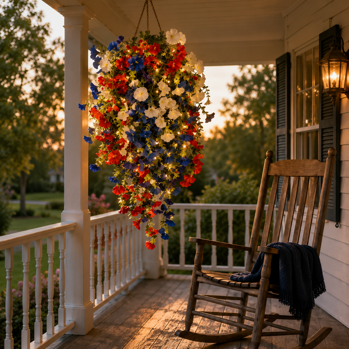 Liberty Bloom – Patriotic Hanging Flower Basket with LED Lights, Red White Blue Silk Blooms for July 4th Porch Decor