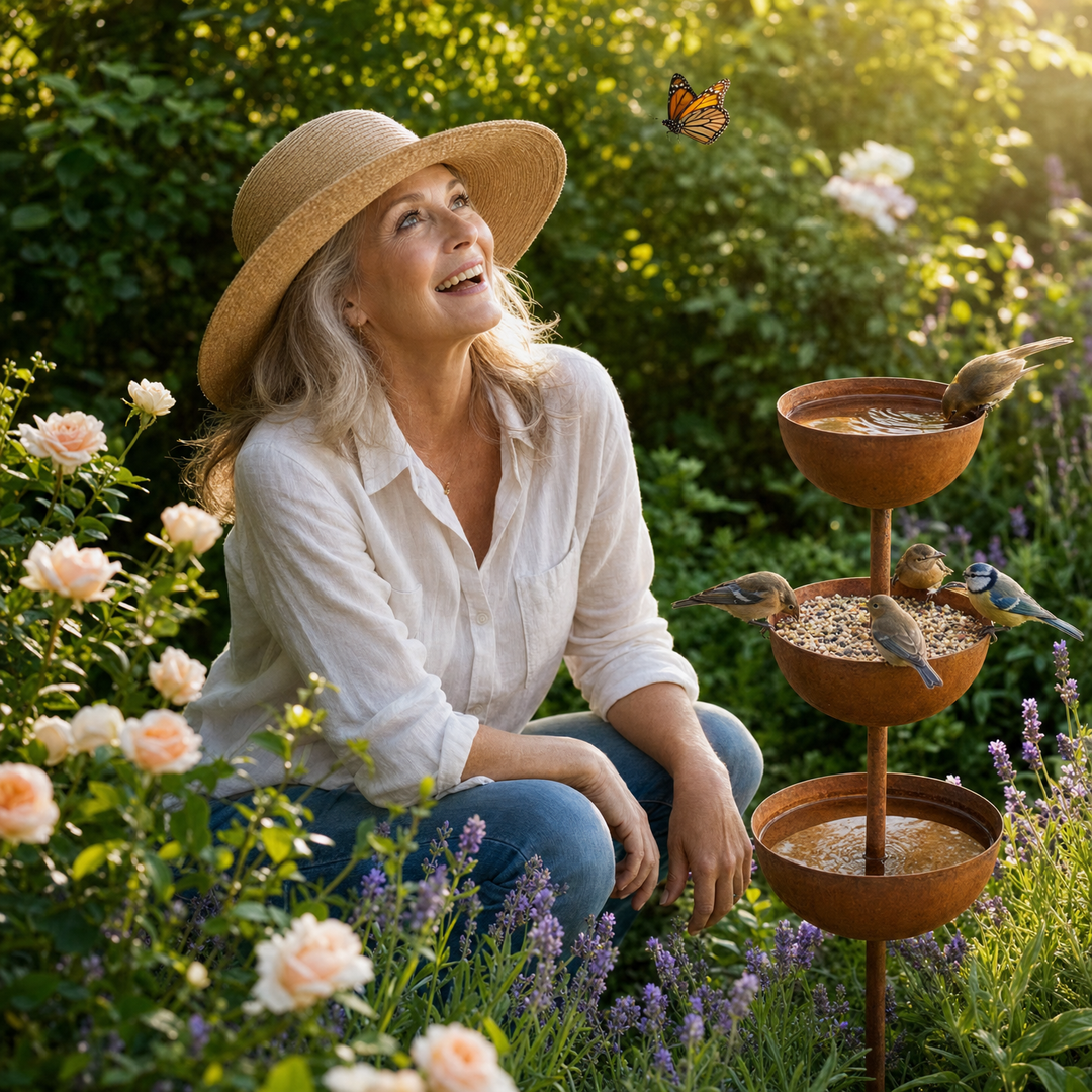 Birdwell™ – Rustic Iron Bird Bath Garden Stake with 3 Cascading Bowls