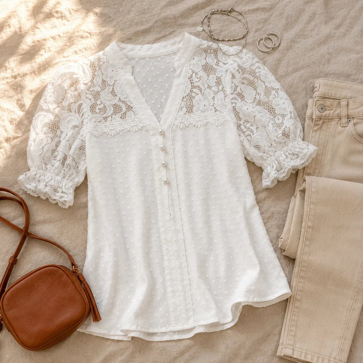 Florenza – Lace-like Shoulder Puff Sleeve V-Neck Blouse for Women
