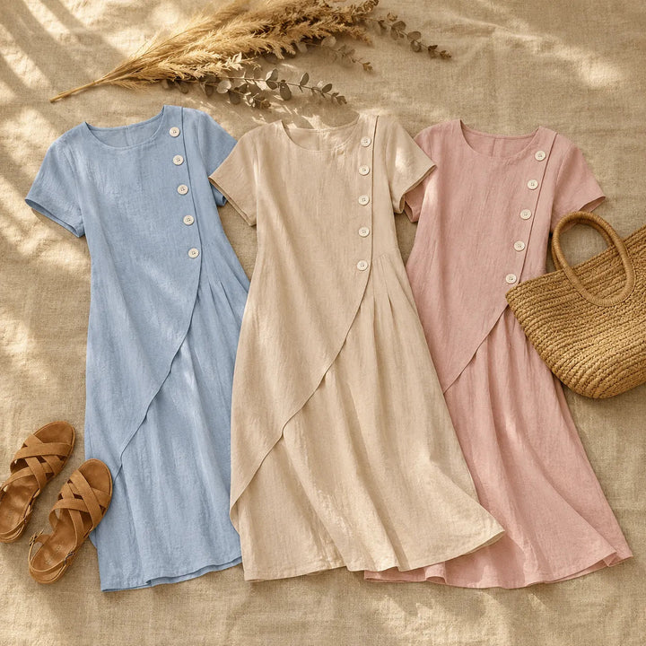 Sumlor – Asymmetric Button Midi Dress with Pockets for Summer