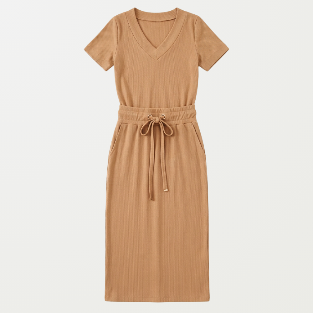 Saviya™ – Ribbed V-Neck Top and Midi Skirt Set
