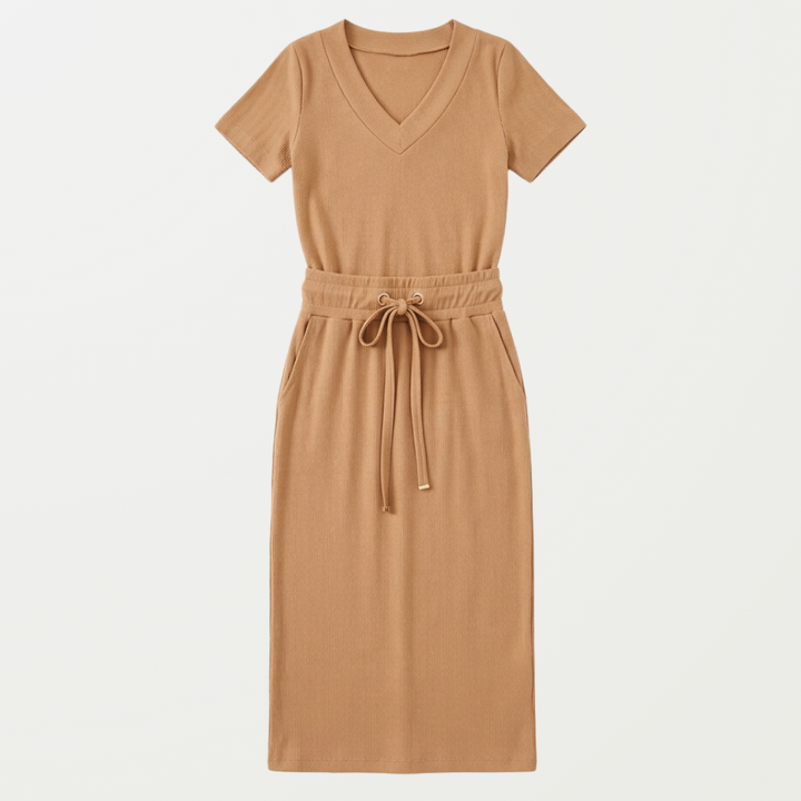 Saviya™ – Ribbed V-Neck Top and Midi Skirt Set