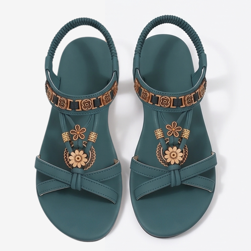 Soluna™ – Boho Flat Sandals with Gold Floral Charms