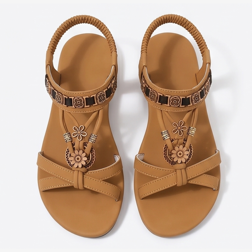 Soluna™ – Boho Flat Sandals with Gold Floral Charms