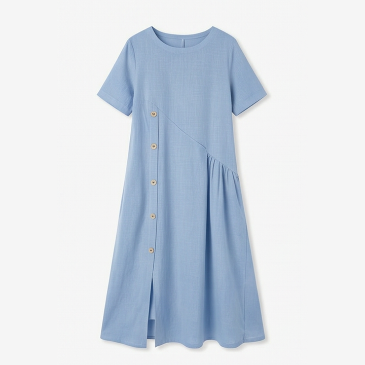 Lunavia™ – Cotton-Linen Asymmetric Button Midi Dress
