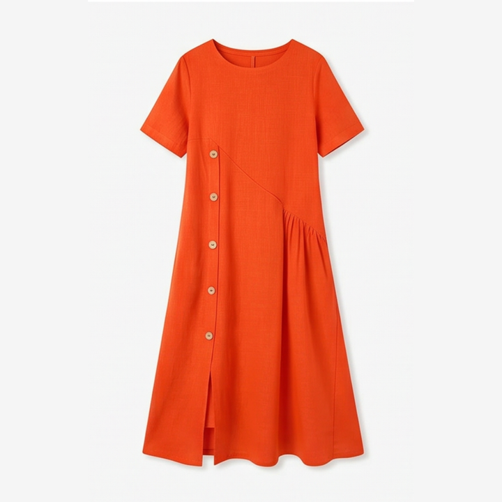 Lunavia™ – Cotton-Linen Asymmetric Button Midi Dress