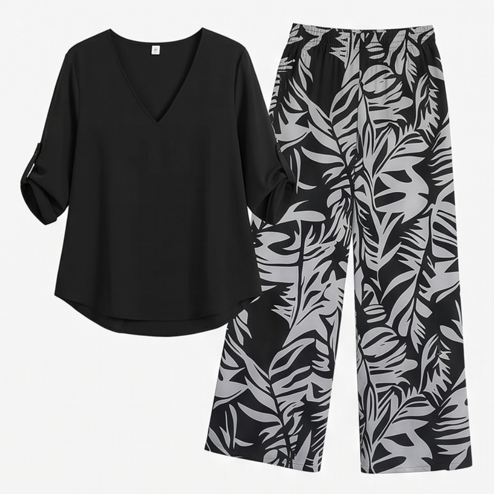 Lark & Palm™ – V-Neck Top & Leaf-Print Wide-Leg Pants Set