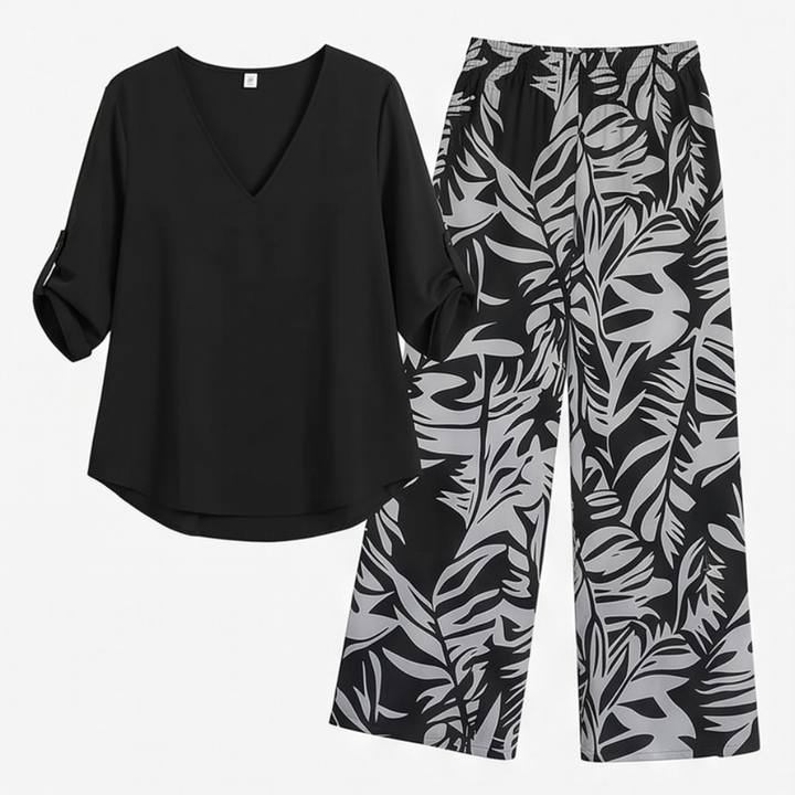 Lark & Palm™ – V-Neck Top & Leaf-Print Wide-Leg Pants Set