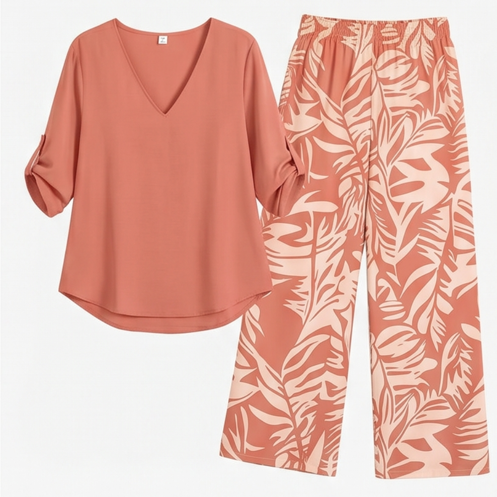 Lark & Palm™ – V-Neck Top & Leaf-Print Wide-Leg Pants Set