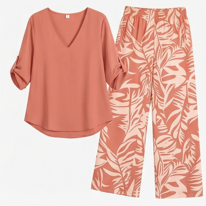 Lark & Palm™ – V-Neck Top & Leaf-Print Wide-Leg Pants Set