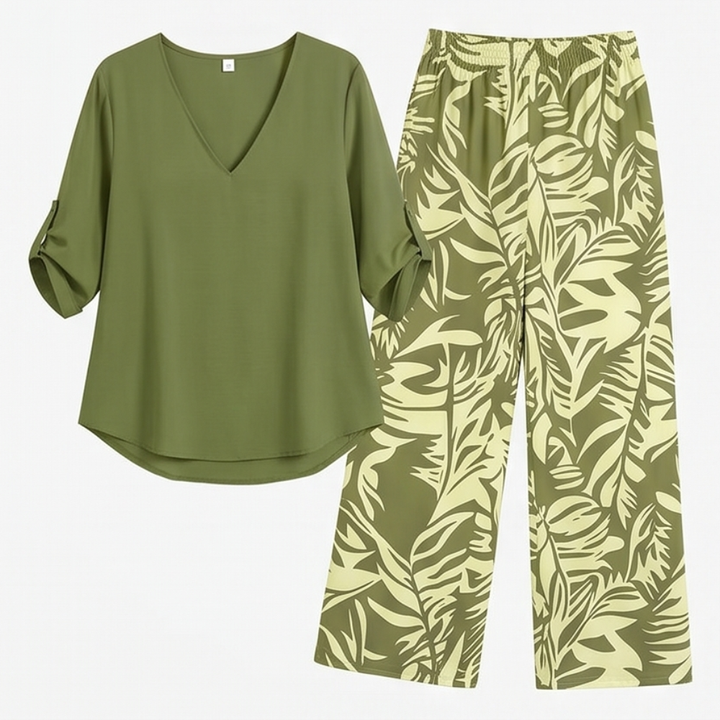 Lark & Palm™ – V-Neck Top & Leaf-Print Wide-Leg Pants Set