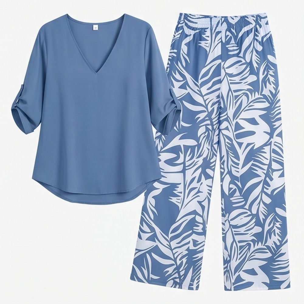 Lark & Palm™ – V-Neck Top & Leaf-Print Wide-Leg Pants Set