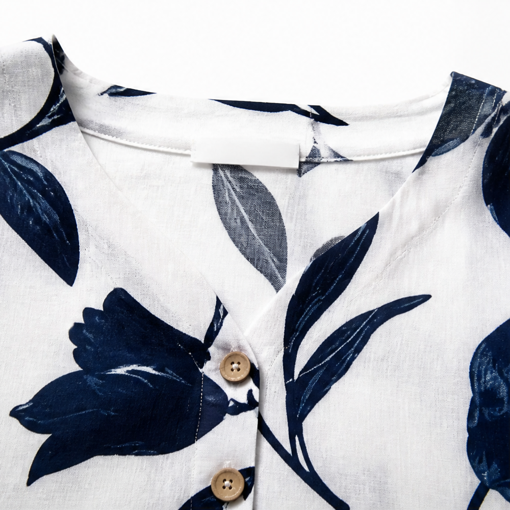 Florelle™ – Floral Linen V-Neck Popover Blouse with 3/4 Sleeves