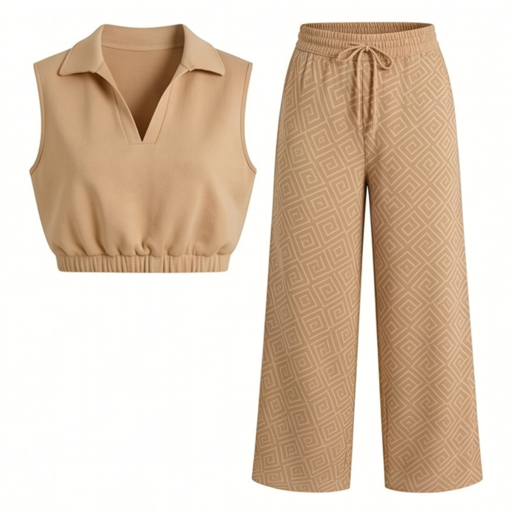 Lunavia™ – Collared Two-Piece Set with Drawstring Wide-Leg Pants