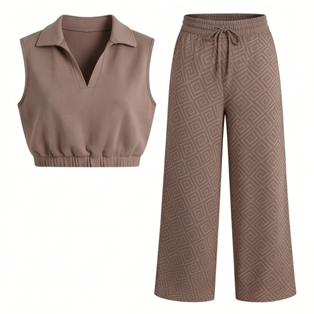 Lunavia™ – Collared Two-Piece Set with Drawstring Wide-Leg Pants