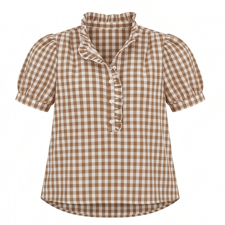 Brindle™ Puff Sleeve Gingham Top with Ruffle Placket