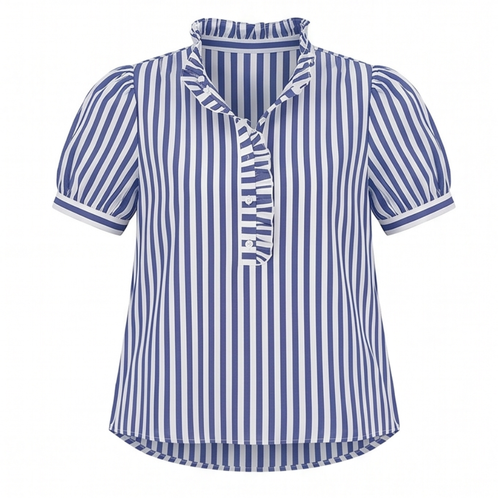 Brindle™ Puff Sleeve Gingham Top with Ruffle Placket
