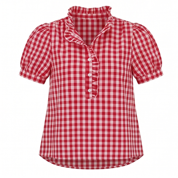 Brindle™ Puff Sleeve Gingham Top with Ruffle Placket