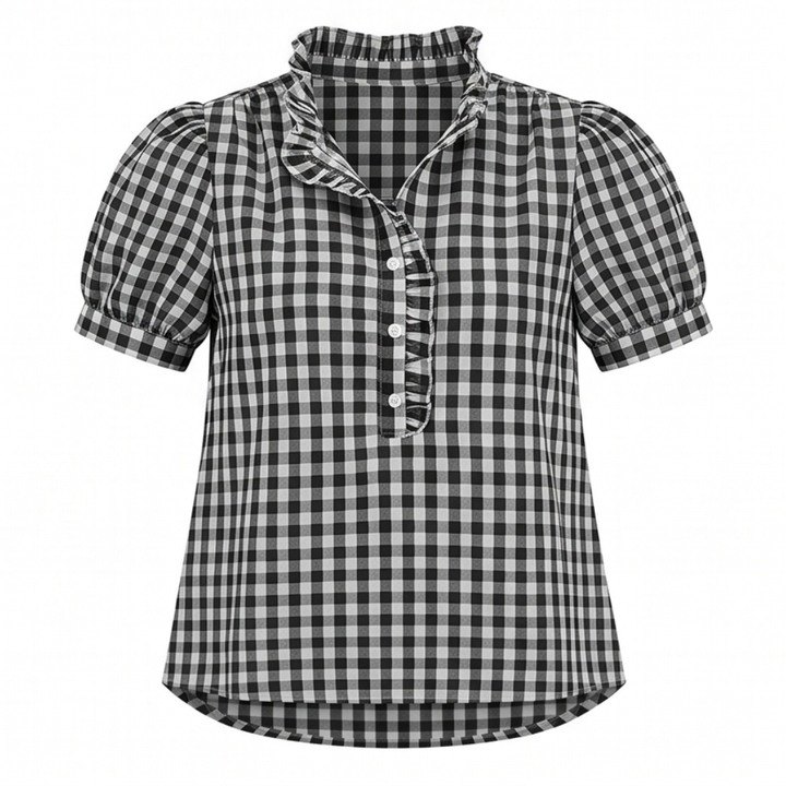 Brindle™ Puff Sleeve Gingham Top with Ruffle Placket
