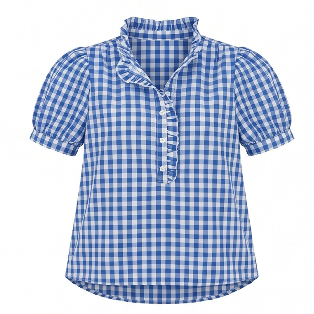 Brindle™ Puff Sleeve Gingham Top with Ruffle Placket