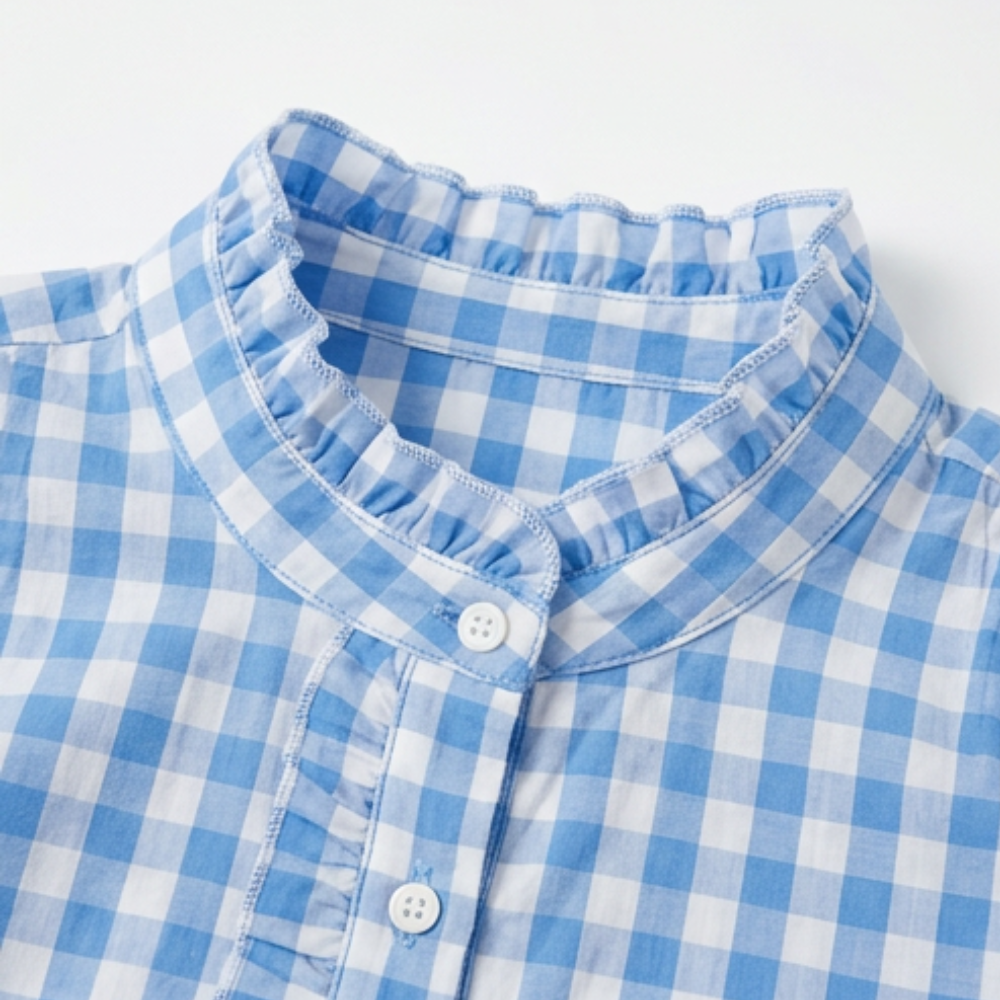 Brindle™ Puff Sleeve Gingham Top with Ruffle Placket