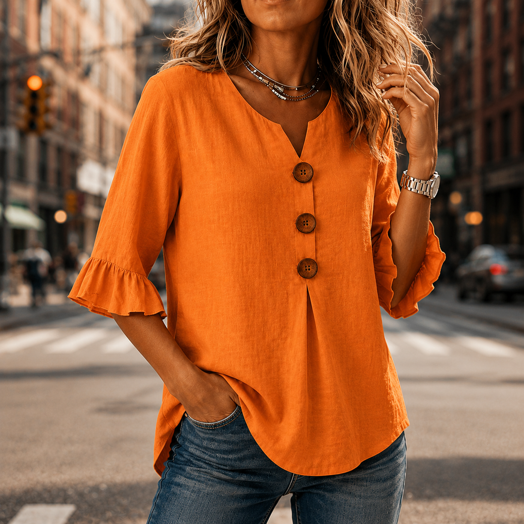 Laurelle™ – V-Neck Ruffle Sleeve Blouse with Wooden Buttons