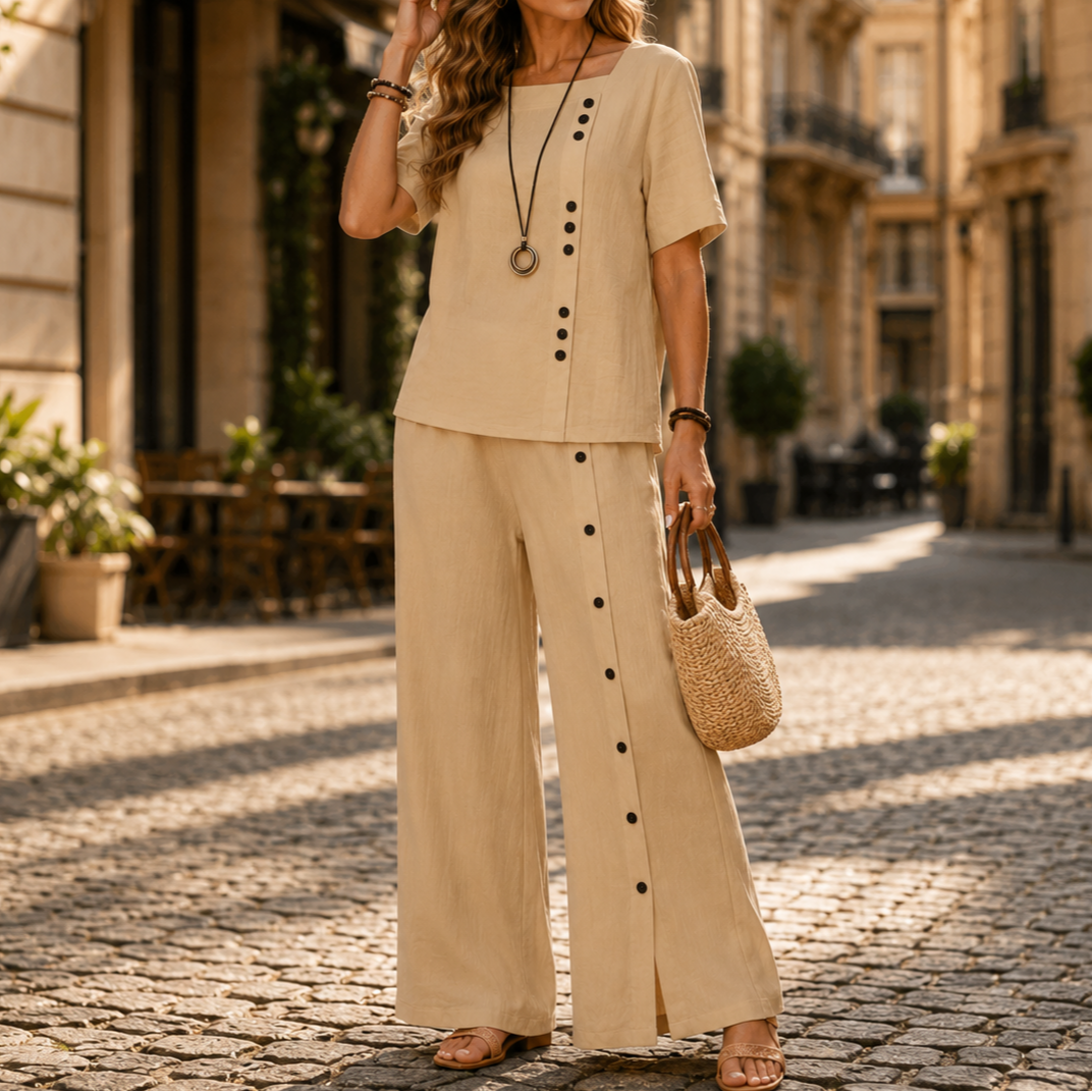 Lunelle™ – Women's Linen 2-Piece Set with Wide-Leg Pants and Button Detail