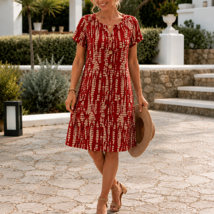 Solara™ – Printed A-Line Shift Dress with Short Sleeves & Buttons