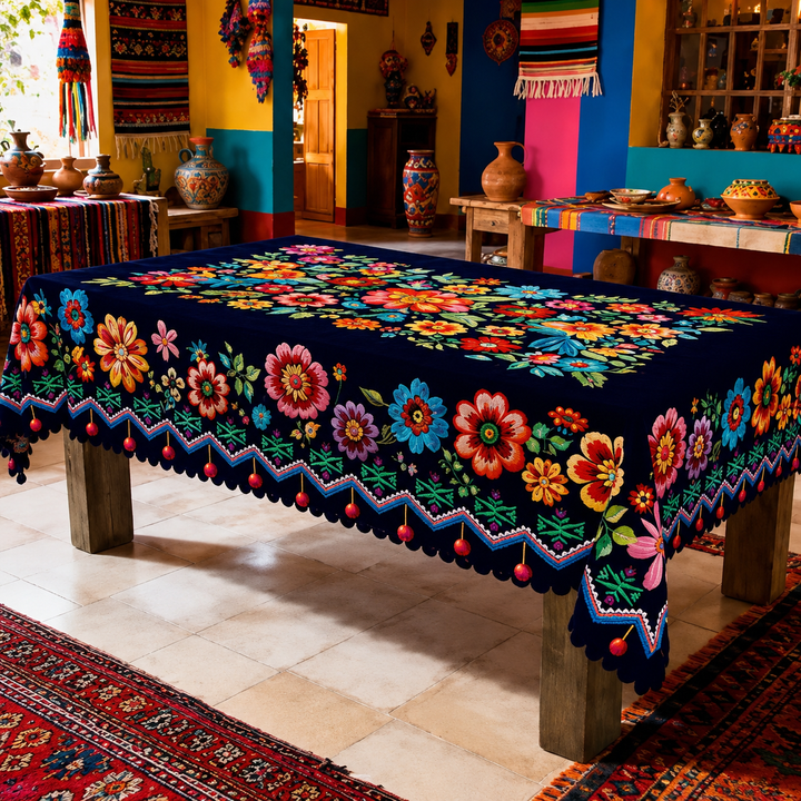 Casamora – Mexican Floral Embroidered Tablecloth with Scalloped Edge