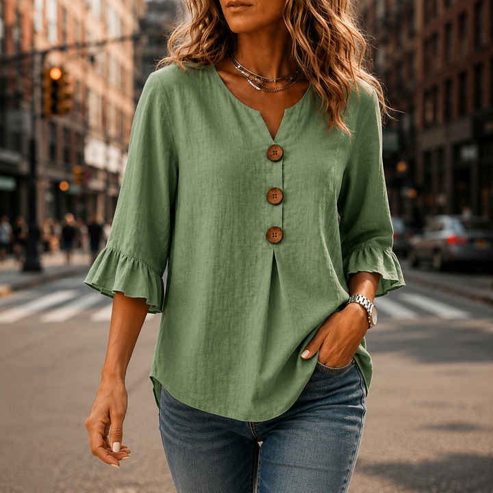 Laurelle™ – V-Neck Ruffle Sleeve Blouse with Wooden Buttons