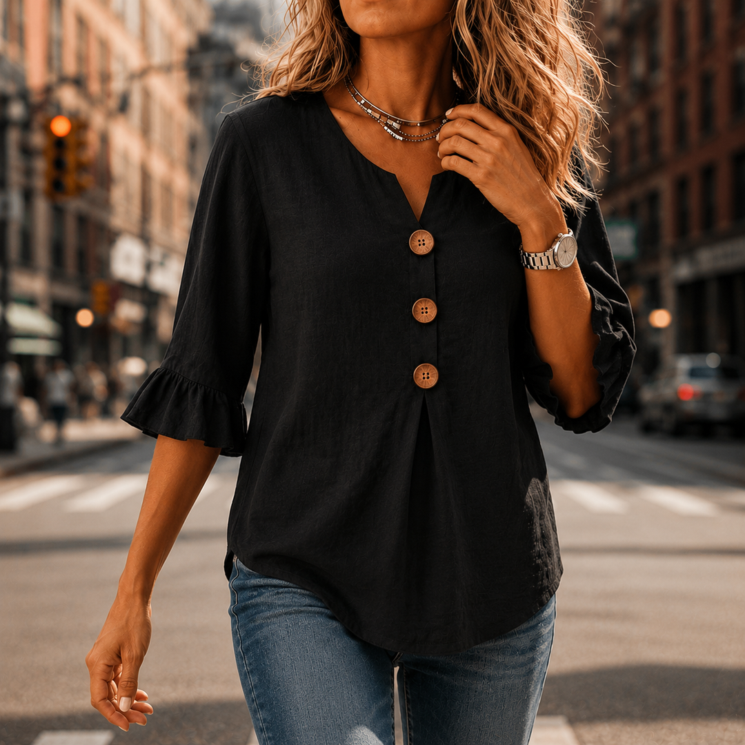 Laurelle™ – V-Neck Ruffle Sleeve Blouse with Wooden Buttons