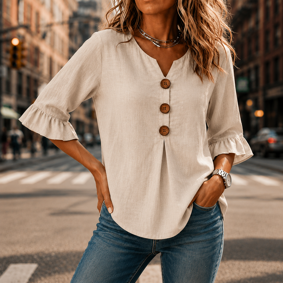 Laurelle™ – V-Neck Ruffle Sleeve Blouse with Wooden Buttons