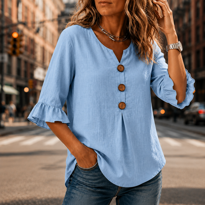 Laurelle™ – V-Neck Ruffle Sleeve Blouse with Wooden Buttons