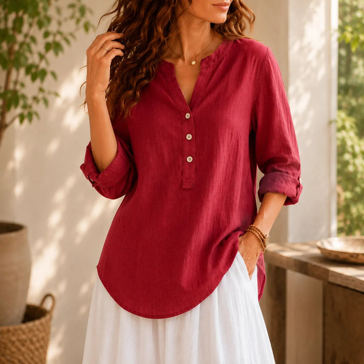 Amberlys – Airy Linen Blouse with V-Neck and Buttons