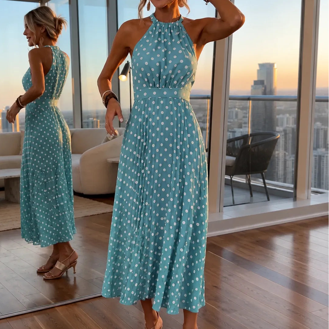 Soliana – Pleated Polka Dot Halter Midi Dress for Women