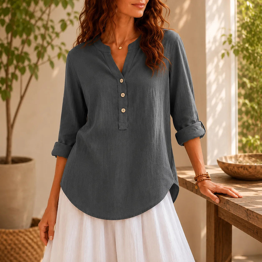Amberlys – Airy Linen Blouse with V-Neck and Buttons