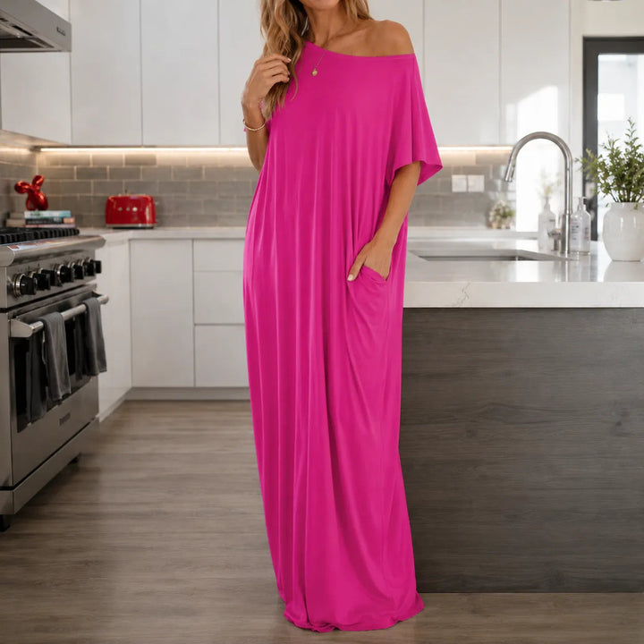 Solenne – Off-Shoulder Drape Maxi Dress with Side Pockets, Soft Viscose Throw-On Summer Dress