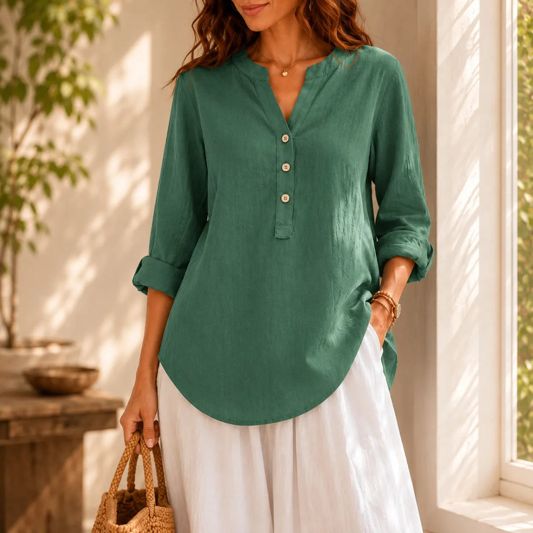 Amberlys – Airy Linen Blouse with V-Neck and Buttons