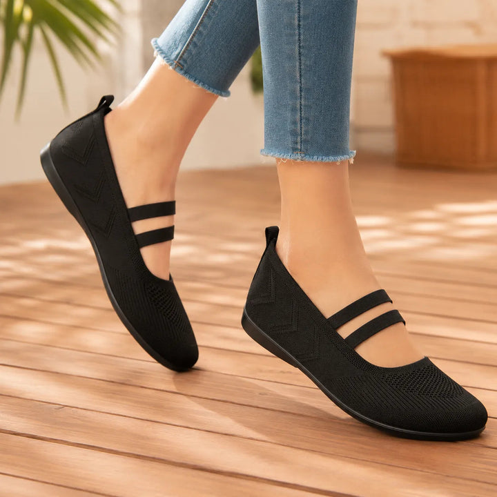 Soffea – Knit Mary Jane Flats with Elastic Straps for Women, Slip On Breathable Ballet Shoes