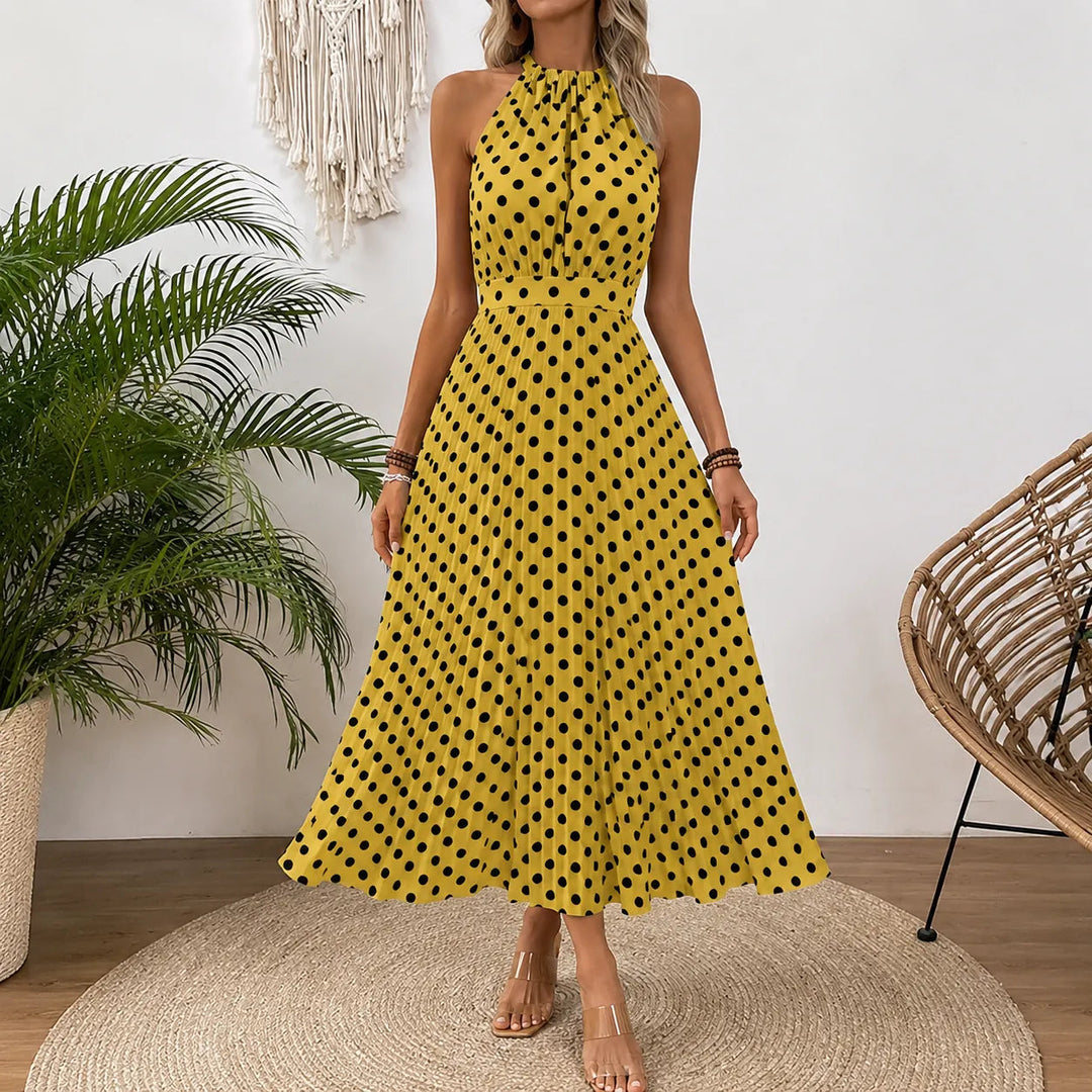 Soliana – Pleated Polka Dot Halter Midi Dress for Women