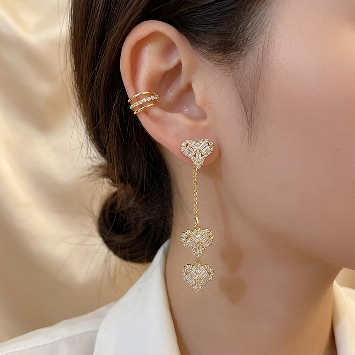 Lunavia™ Triple Heart Drop Earrings with Matching Ear Cuff