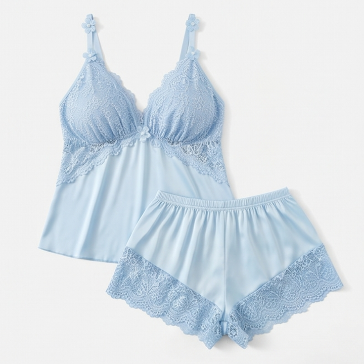 Lunessa™ — Lace Trim Satin Pajama Set
