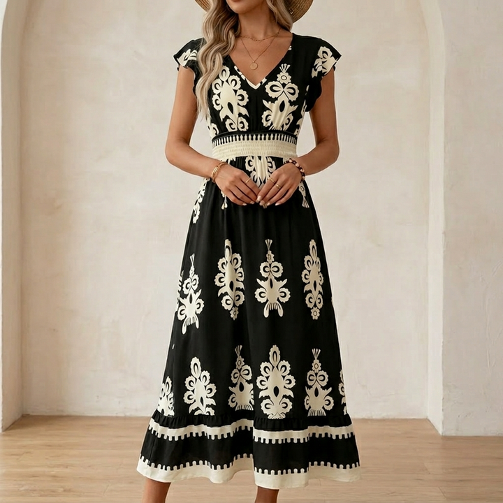 Vivara™ – Baroque Print Flutter Sleeve Maxi Dress