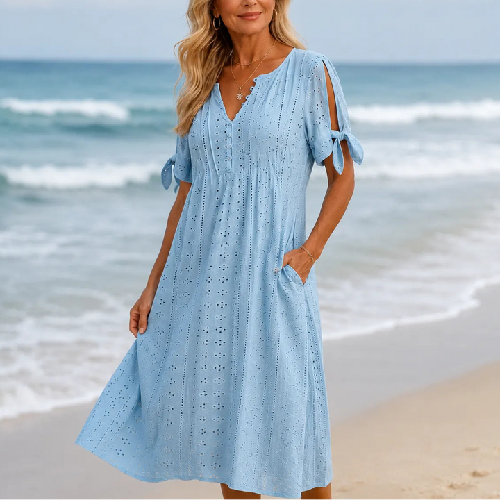 Lunavia – Eyelet V Neck Midi Dress with Tie Sleeves and Pockets